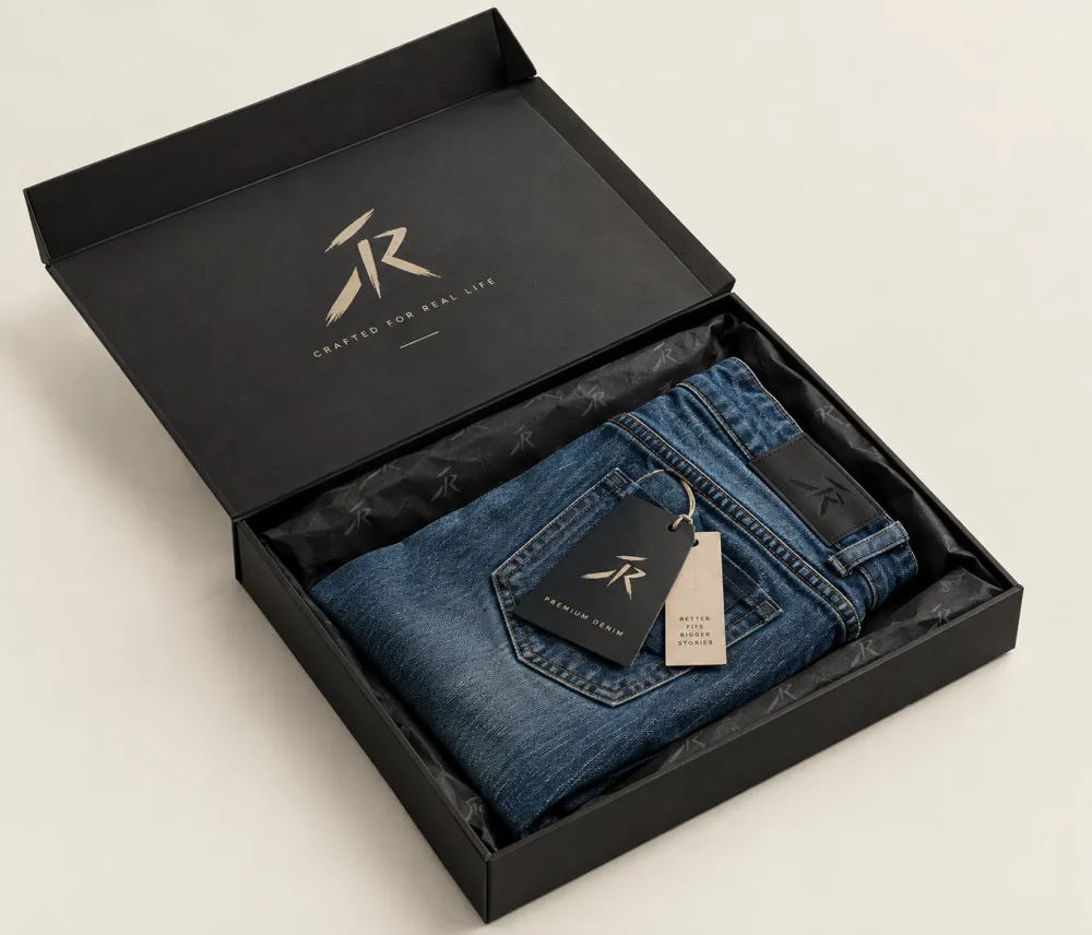 Folded aaar.pk jeans in a branded gift box with swing tags